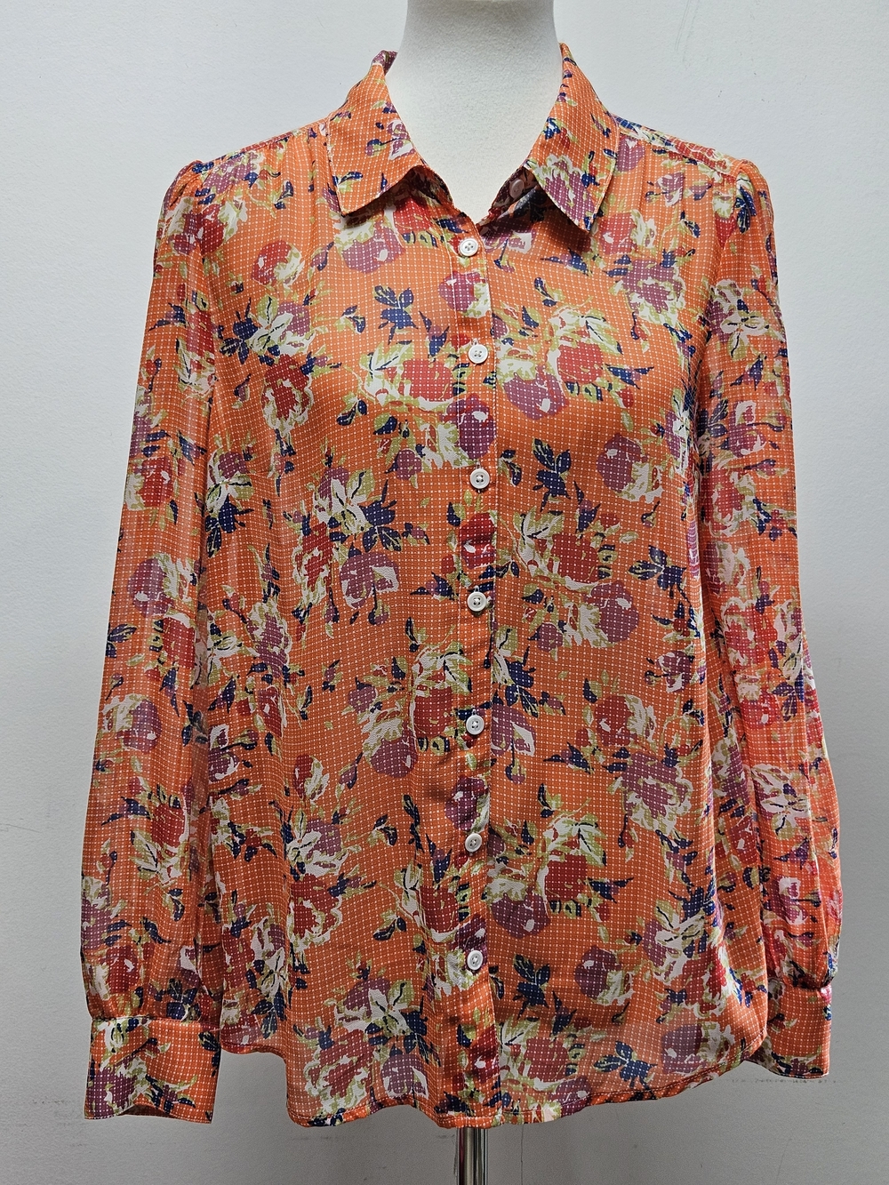 ModCloth Orange Floral Button Front LS Shirt Blouse Semi Sheer Top Size L Boho